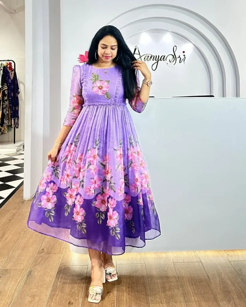 Premium Soft Organza Digital Printed Partywear Midi Dress Frock