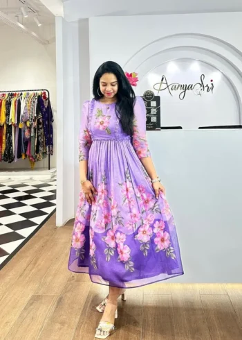 Premium Soft Organza Digital Printed Partywear Midi Dress Frock