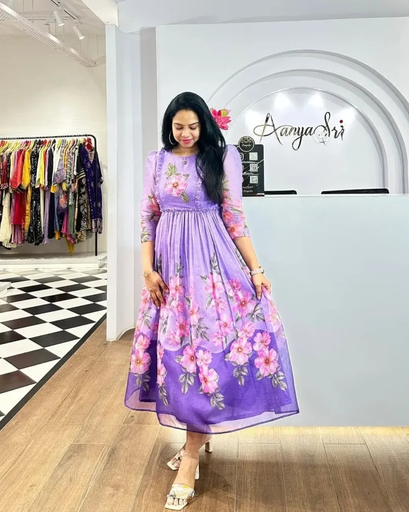 Premium Soft Organza Digital Printed Partywear Midi Dress Frock