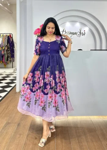 Premium Soft Organza Digital Printed Partywear Midi Dress Frock