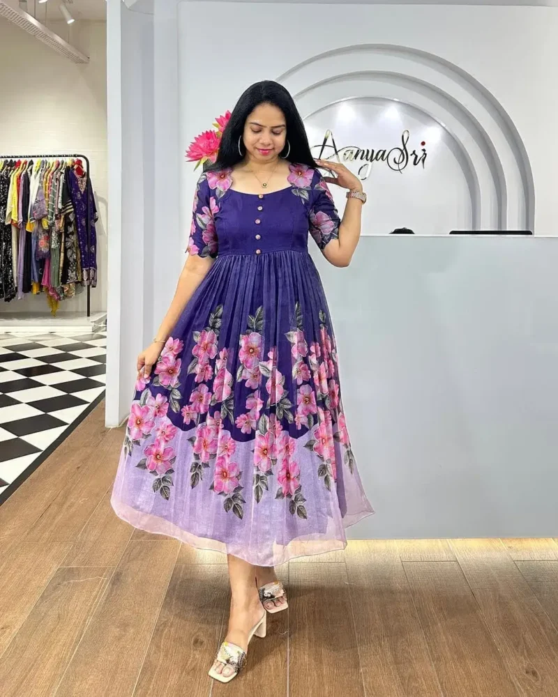 Premium Soft Organza Digital Printed Partywear Midi Dress Frock