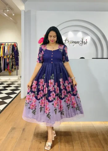 Premium Soft Organza Digital Printed Partywear Midi Dress Frock