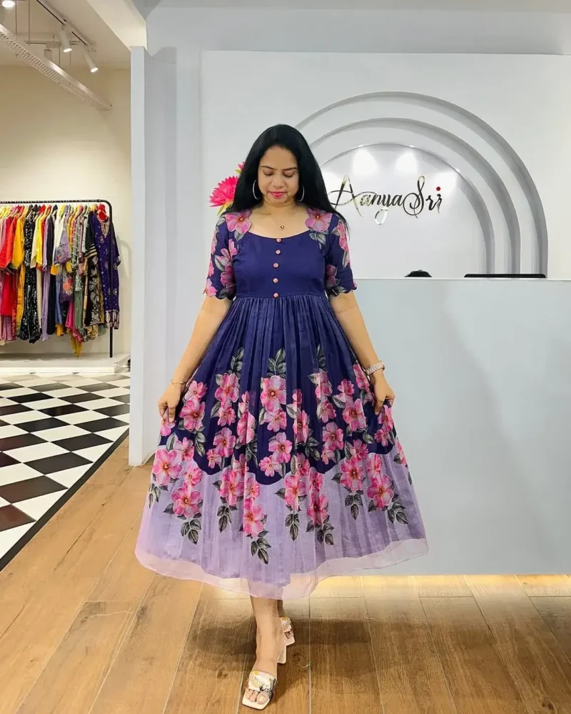 Premium Soft Organza Digital Printed Partywear Midi Dress Frock