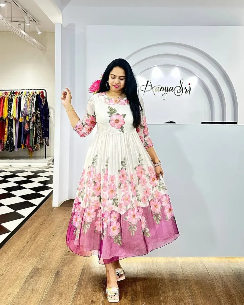Premium Soft Organza Digital Printed Partywear Midi Dress Frock