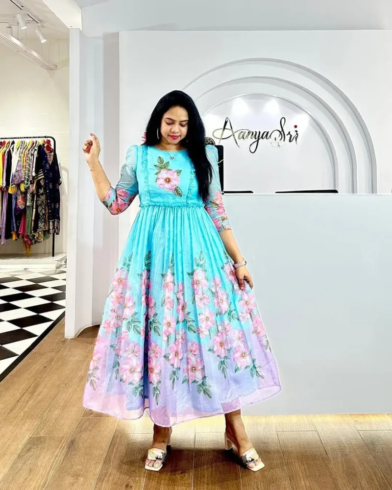 Premium Soft Organza Digital Printed Partywear Midi Dress Frock