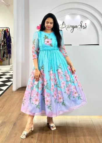 Premium Soft Organza Digital Printed Partywear Midi Dress Frock