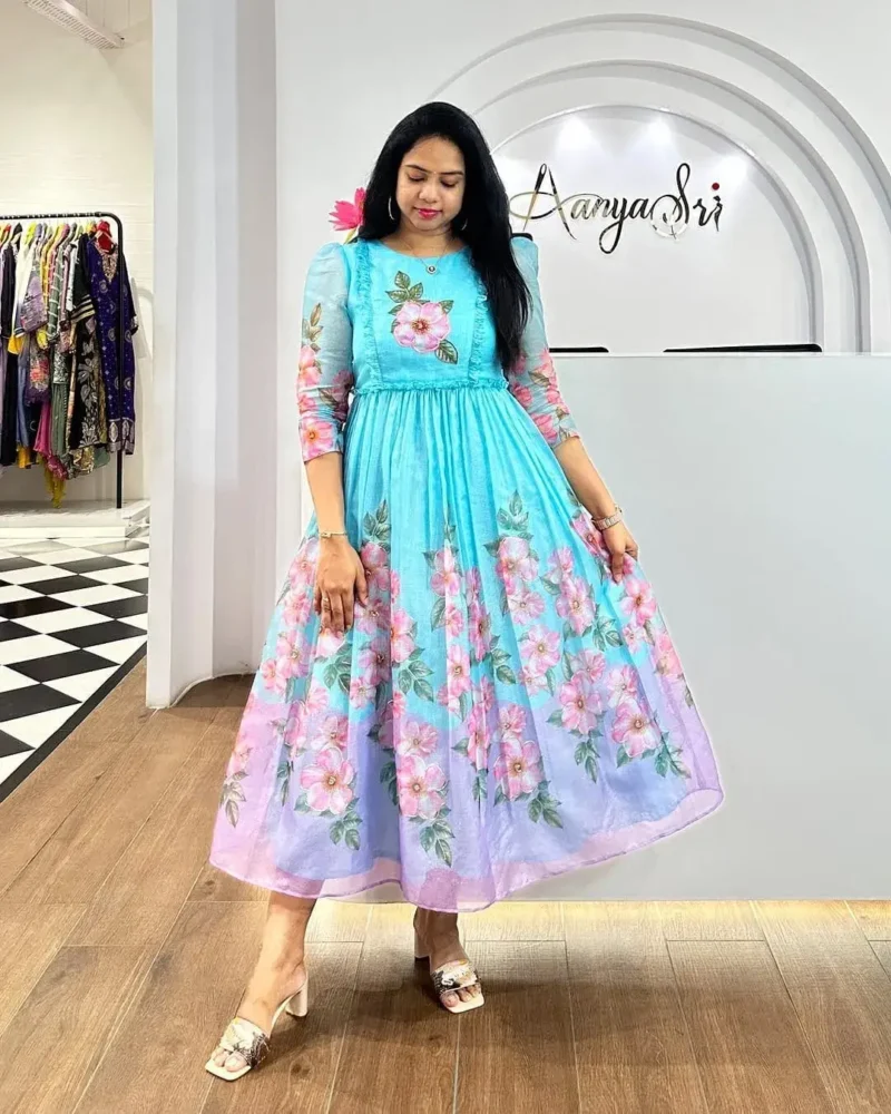 Premium Soft Organza Digital Printed Partywear Midi Dress Frock