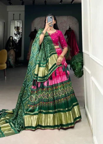 Pink Color Pure Gaji Silk Bandhej Digital Print Chaniya Choli