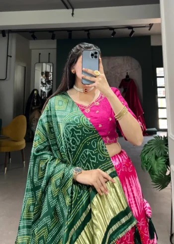 Pink Color Pure Gaji Silk Bandhej Digital Print Chaniya Choli