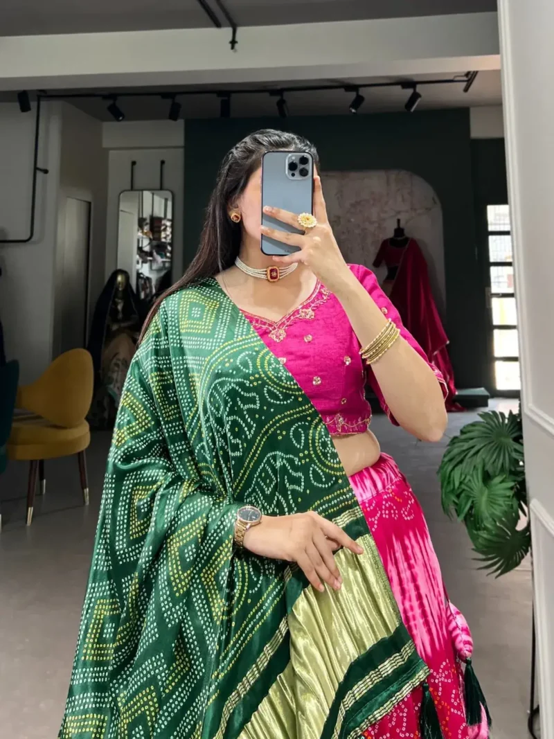 Pink Color Pure Gaji Silk Bandhej Digital Print Chaniya Choli