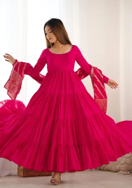 Pure Romansilk Chanderi Designer Plain Anarkali Gown