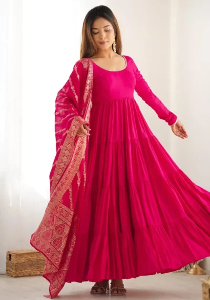 Pure Romansilk Chanderi Designer Plain Anarkali Gown