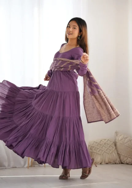 Pure Romansilk Chanderi Designer Plain Anarkali Gown