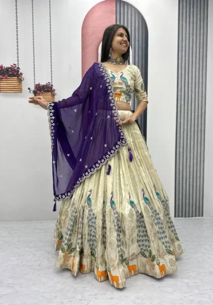 Pure Tissue Silk Heavy Thread Peacock Work Wedding Wear Lehenga Choli