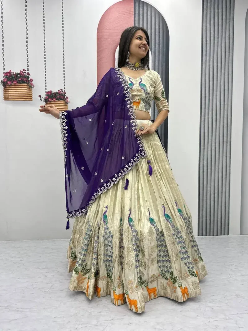 Pure Tissue Silk Heavy Thread Peacock Work Wedding Wear Lehenga Choli