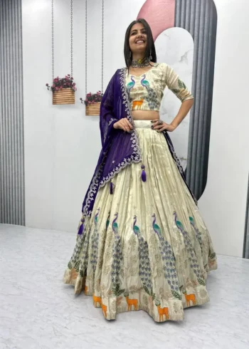 Pure Tissue Silk Heavy Thread Peacock Work Wedding Wear Lehenga Choli