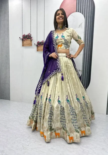 Pure Tissue Silk Heavy Thread Peacock Work Wedding Wear Lehenga Choli