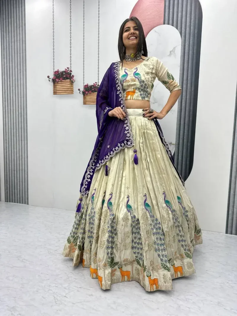 Pure Tissue Silk Heavy Thread Peacock Work Wedding Wear Lehenga Choli