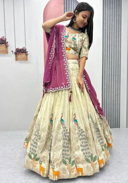 Pure Tissue Silk Heavy Thread Peacock Work Wedding Wear Lehenga Choli