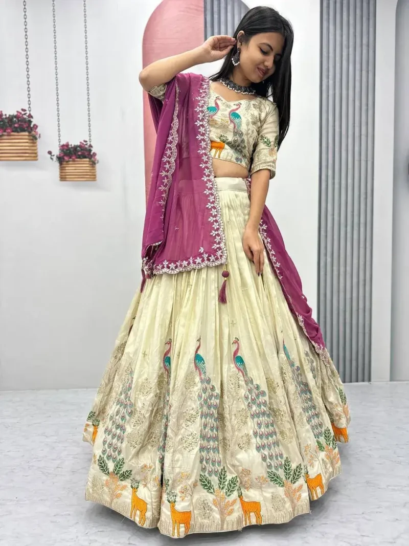 Pure Tissue Silk Heavy Thread Peacock Work Wedding Wear Lehenga Choli