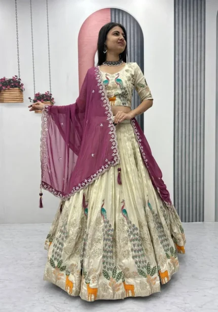 Pure Tissue Silk Heavy Thread Peacock Work Wedding Wear Lehenga Choli