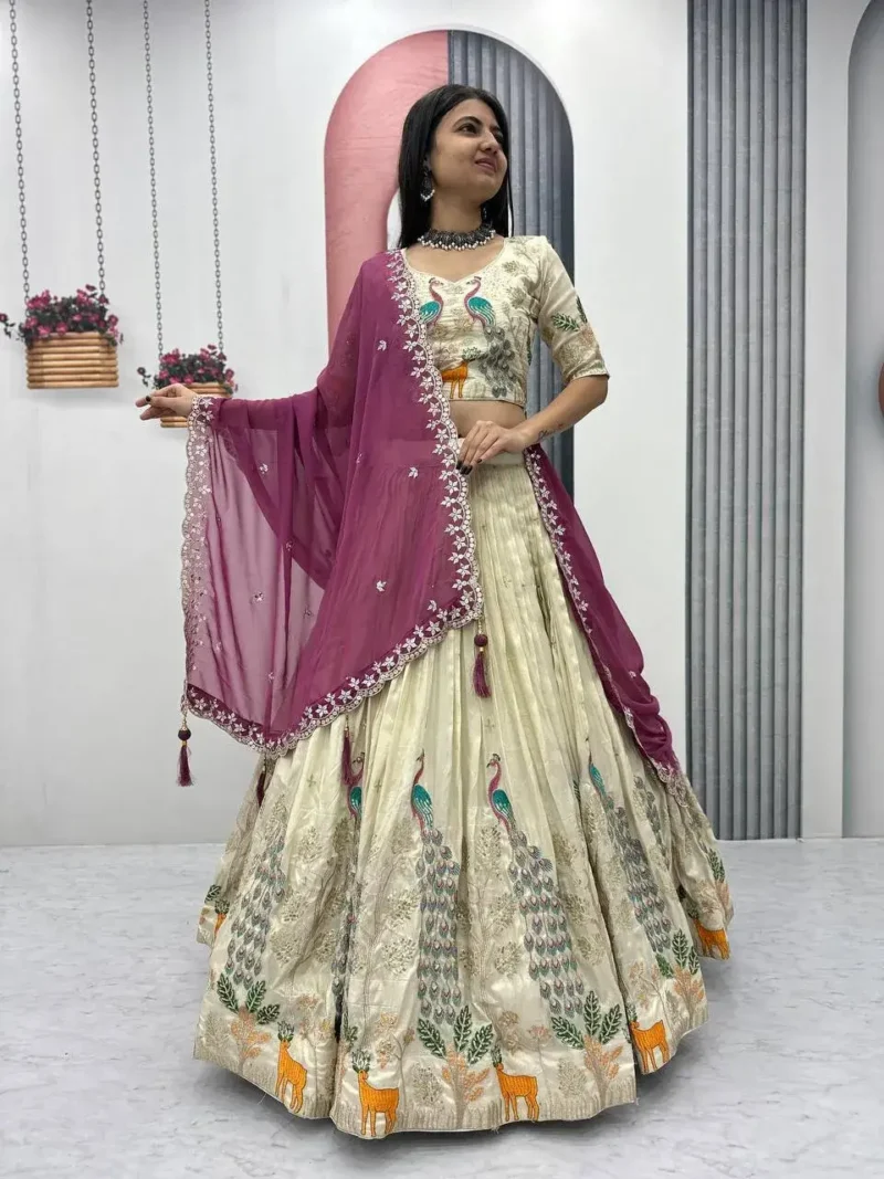 Pure Tissue Silk Heavy Thread Peacock Work Wedding Wear Lehenga Choli