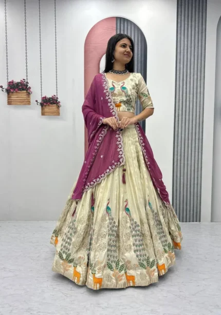 Pure Tissue Silk Heavy Thread Peacock Work Wedding Wear Lehenga Choli