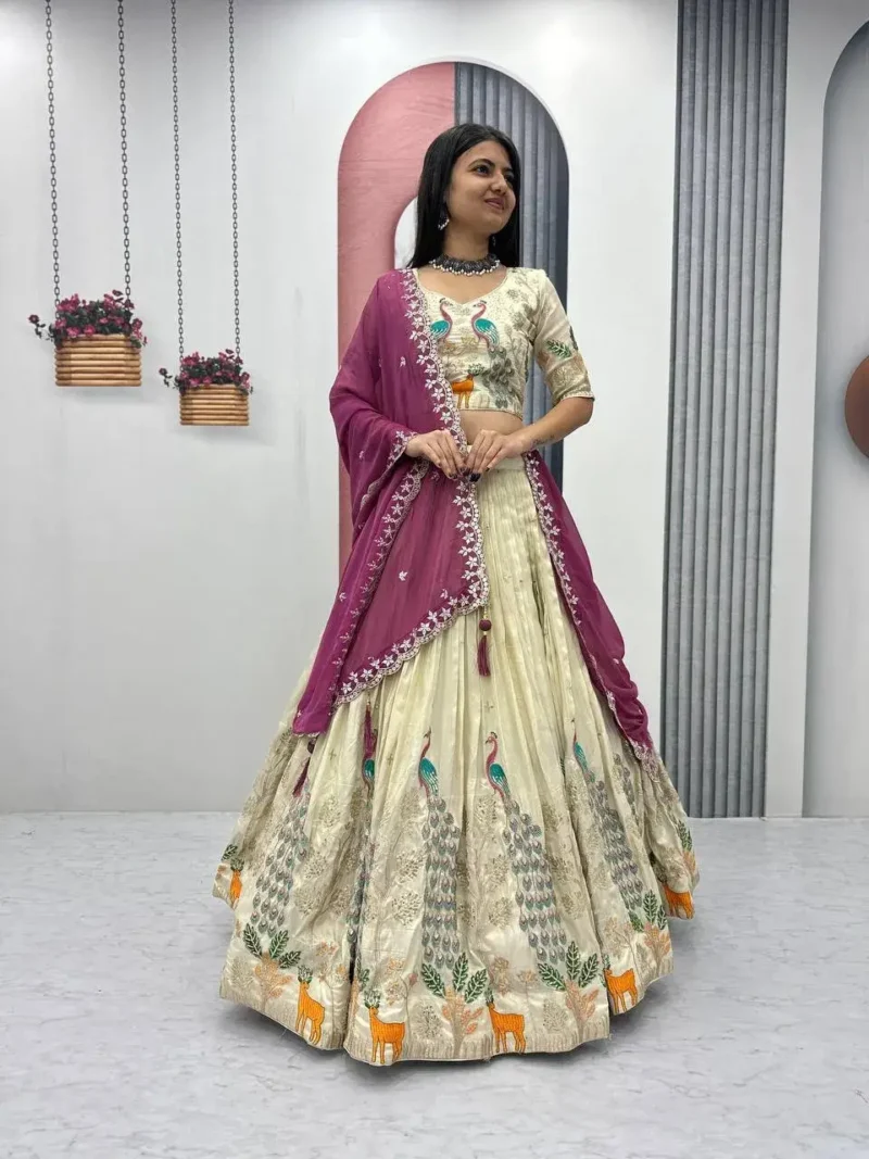 Pure Tissue Silk Heavy Thread Peacock Work Wedding Wear Lehenga Choli