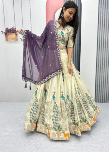Pure Tissue Silk Heavy Thread Peacock Work Wedding Wear Lehenga Choli