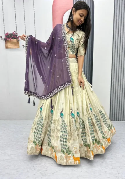 Pure Tissue Silk Heavy Thread Peacock Work Wedding Wear Lehenga Choli