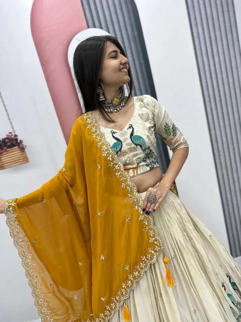 Pure Tissue Silk Heavy Thread Peacock Work Wedding Wear Lehenga Choli