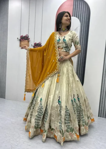Pure Tissue Silk Heavy Thread Peacock Work Wedding Wear Lehenga Choli