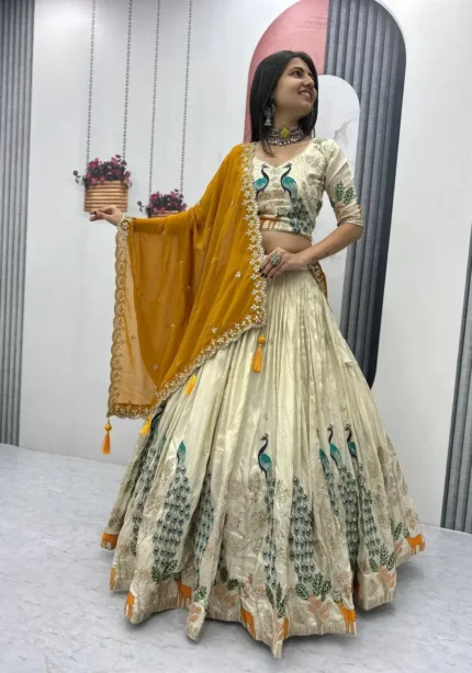 Pure Tissue Silk Heavy Thread Peacock Work Wedding Wear Lehenga Choli