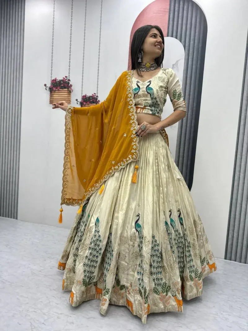 Pure Tissue Silk Heavy Thread Peacock Work Wedding Wear Lehenga Choli