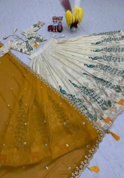 Pure Tissue Silk Heavy Thread Peacock Work Wedding Wear Lehenga Choli