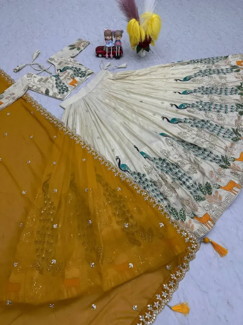 Pure Tissue Silk Heavy Thread Peacock Work Wedding Wear Lehenga Choli