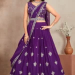 Purple Color Embroidery Zari Sequence Work Heavy Georgette Wedding Lehenga Choli