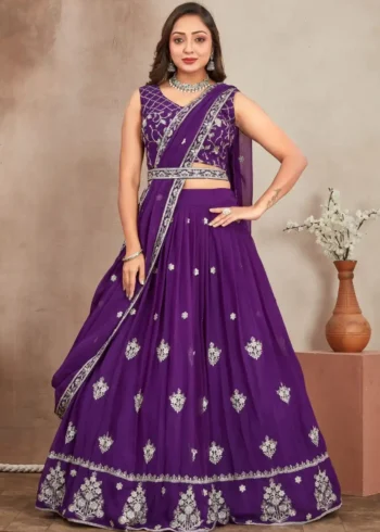 Purple Color Embroidery Zari Sequence Work Heavy Georgette Wedding Lehenga Choli
