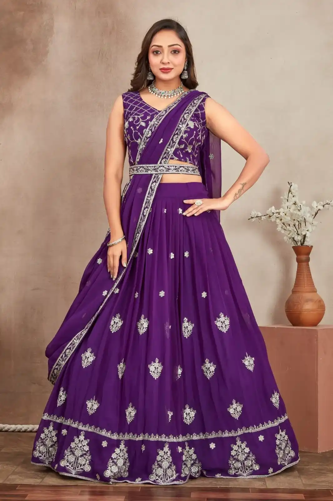 Purple Color Embroidery Zari Sequence Work Heavy Georgette Wedding Lehenga Choli