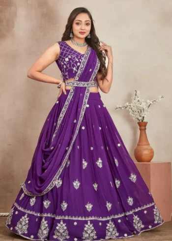 Purple Color Embroidery Zari Sequence Work Heavy Georgette Wedding Lehenga Choli