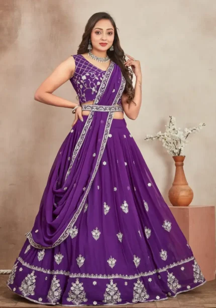 Purple Color Embroidery Zari Sequence Work Heavy Georgette Wedding Lehenga Choli