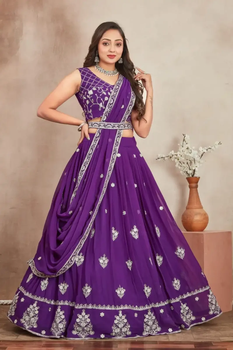 Purple Color Embroidery Zari Sequence Work Heavy Georgette Wedding Lehenga Choli