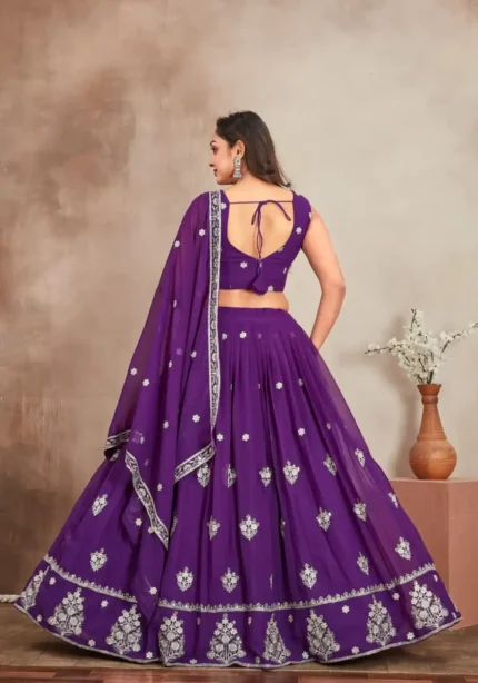 Purple Color Embroidery Zari Sequence Work Heavy Georgette Wedding Lehenga Choli