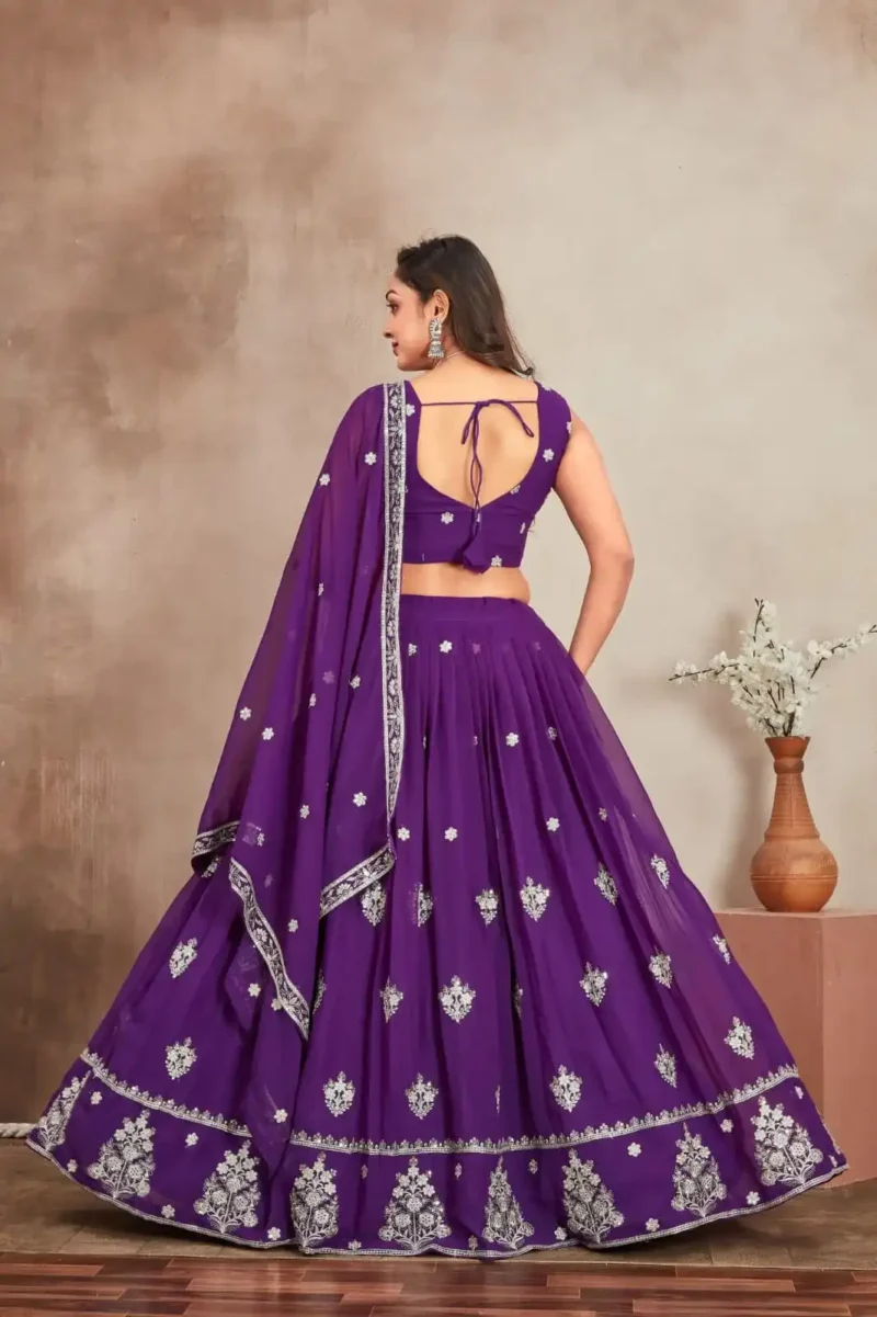 Purple Color Embroidery Zari Sequence Work Heavy Georgette Wedding Lehenga Choli