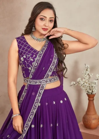 Purple Color Embroidery Zari Sequence Work Heavy Georgette Wedding Lehenga Choli
