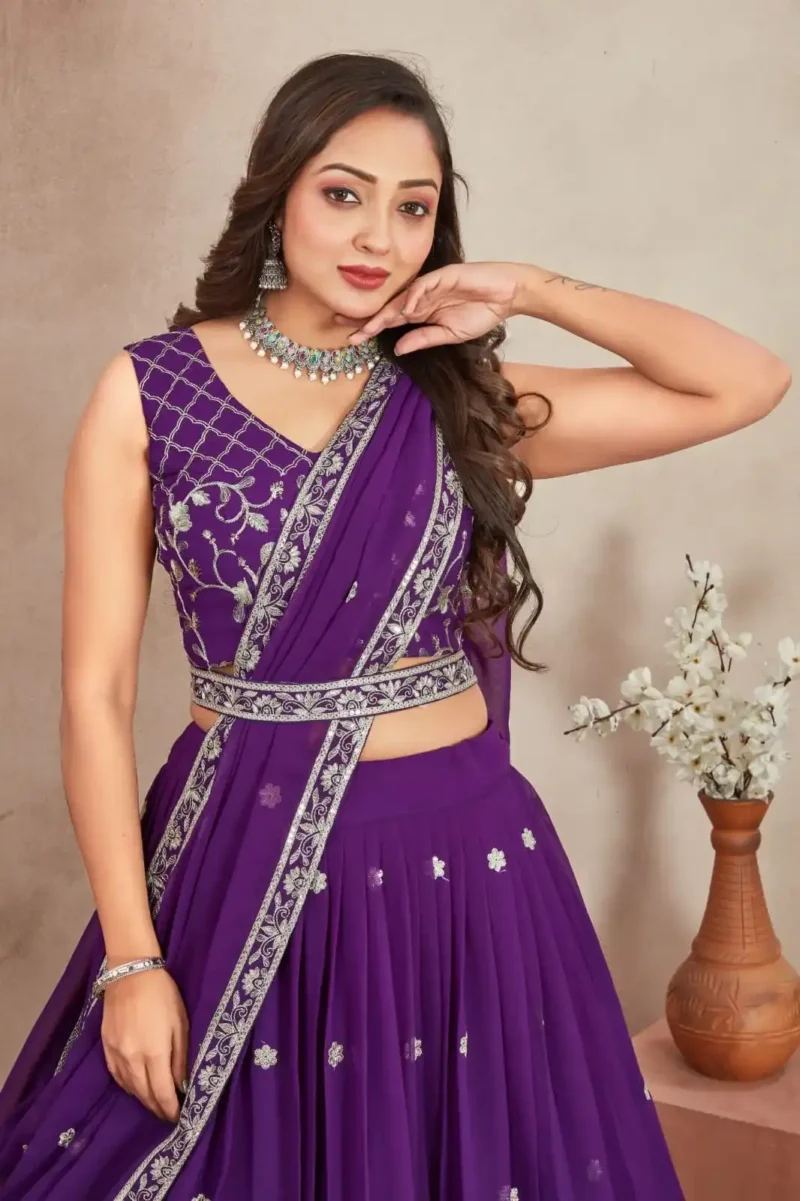 Purple Color Embroidery Zari Sequence Work Heavy Georgette Wedding Lehenga Choli