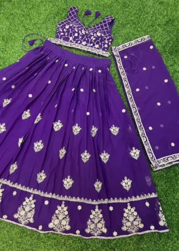 Purple Color Embroidery Zari Sequence Work Heavy Georgette Wedding Lehenga Choli