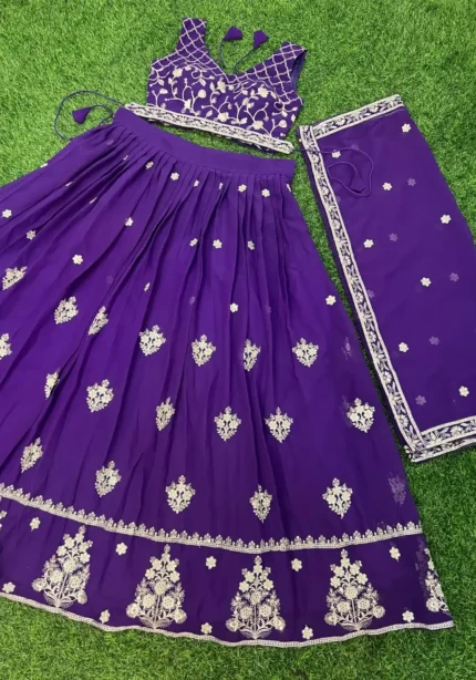 Purple Color Embroidery Zari Sequence Work Heavy Georgette Wedding Lehenga Choli