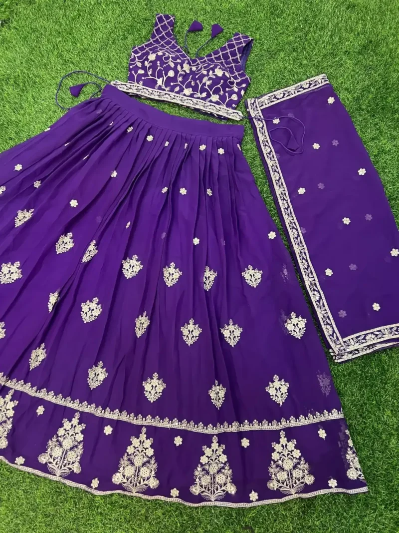 Purple Color Embroidery Zari Sequence Work Heavy Georgette Wedding Lehenga Choli