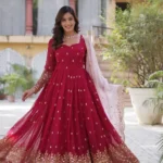 Red Faux Blooming With Embroidery Zari Sequins Work Designer Readymade Gown